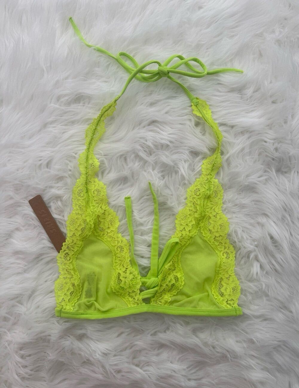Skims Summer Mesh Lace Plunge Halter Bralette Green Highlighter Size XS